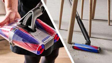 Person holding the Dyson Pencilvac Fluffycones (left) and the Pencilvac Fluffy in use (right)