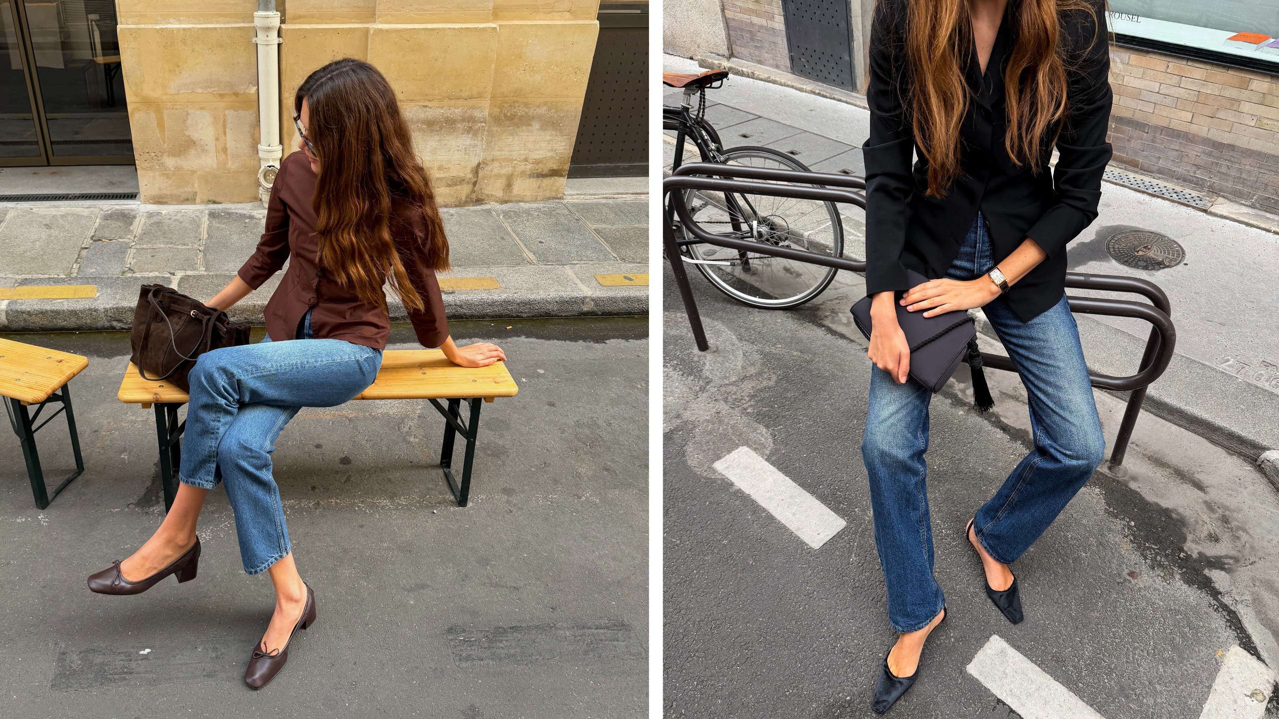 Woman in jeans and a chic shirt.