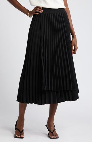 Pleated Asymmetric Hem Midi Skirt