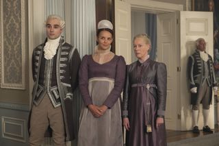 (L to R) Oli Higginson as Footman John, Sophie Lamont as Celia, Geraldine Alexander as Mrs. Wilson in episode 401 of Bridgerton.