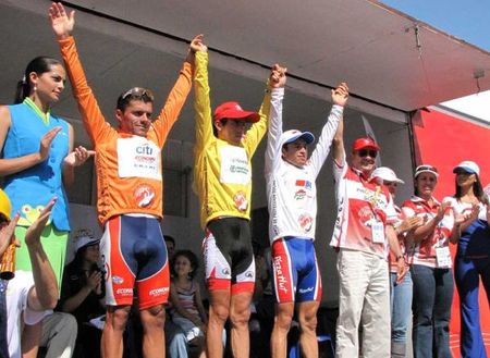 Race leader Janier Acevedo (Greatwall-Indeportes Antioquia) celebrates on the podium with the other classification leaders.