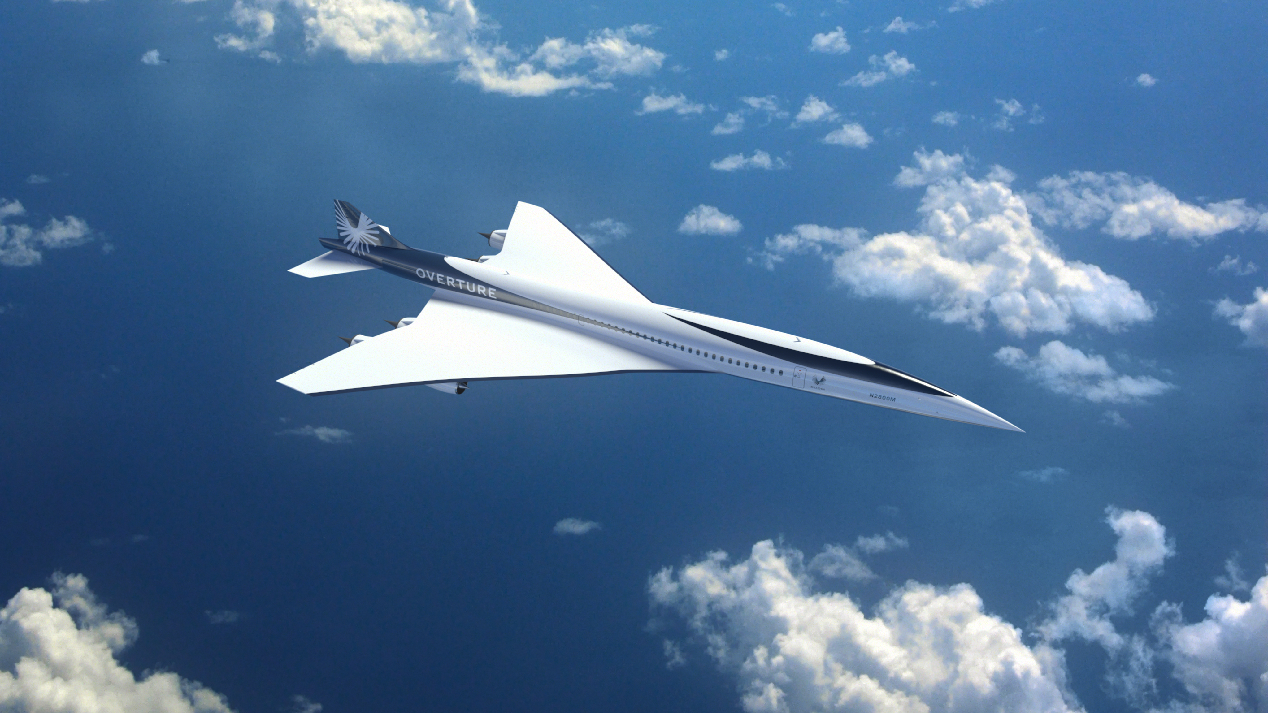 A rendering of the Boom Supersonic Overture in flight above the clouds.