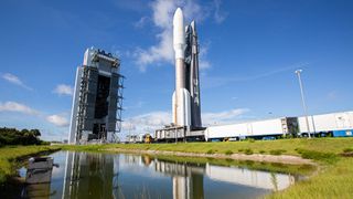 The Atlas V rocket that will launch the AEHF-5 satellite rolls out to the launch site at Cape Canaveral Air Force Station in Florida.