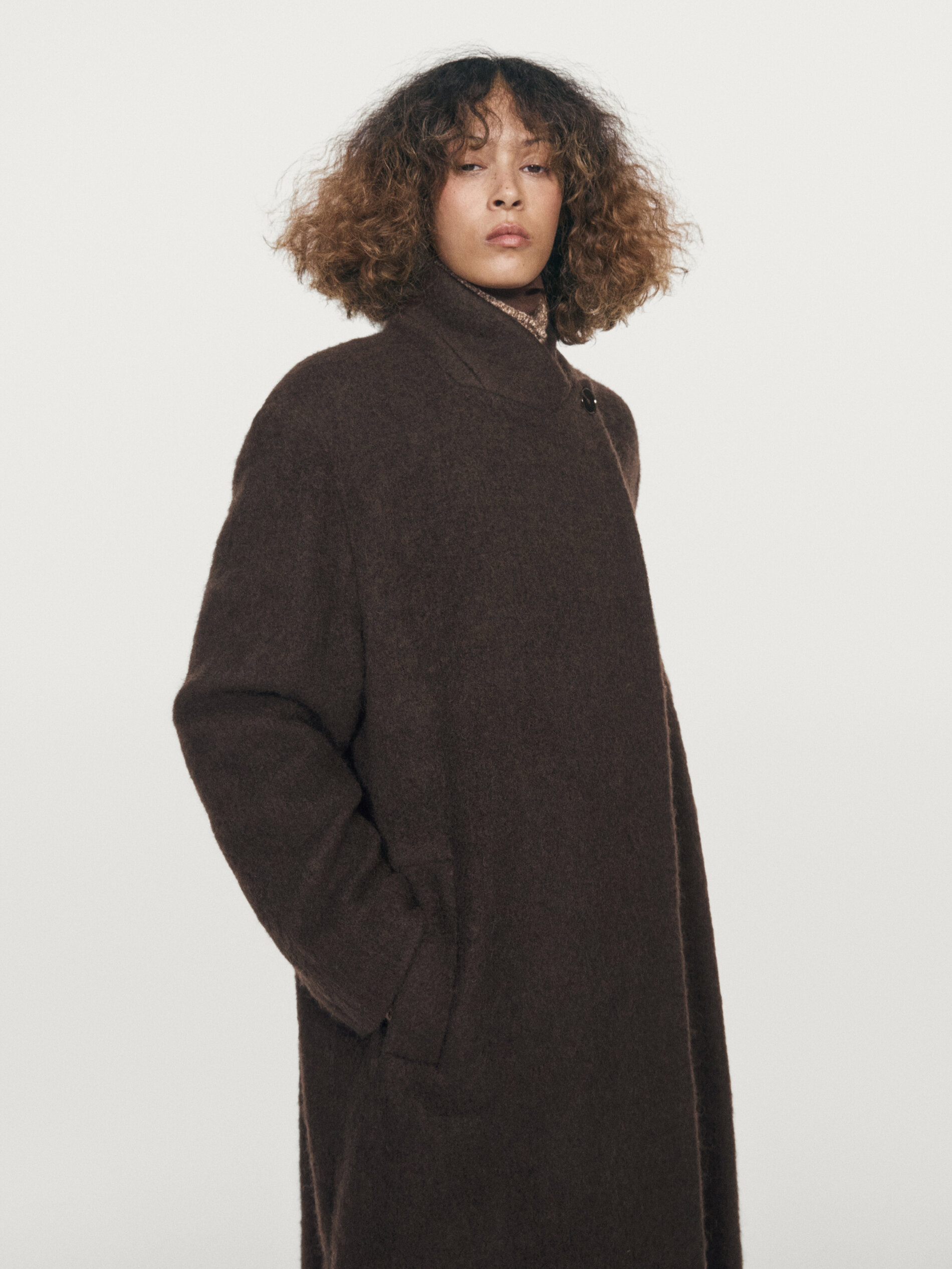 Long Double-Breasted Coat With Brushed Finish