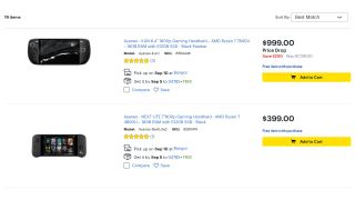 Best Buy page with Ayaneo Kun and Lite Next listed with "Add to cart" buttons on right