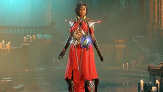 A sorceress from Diablo 4 in red robes