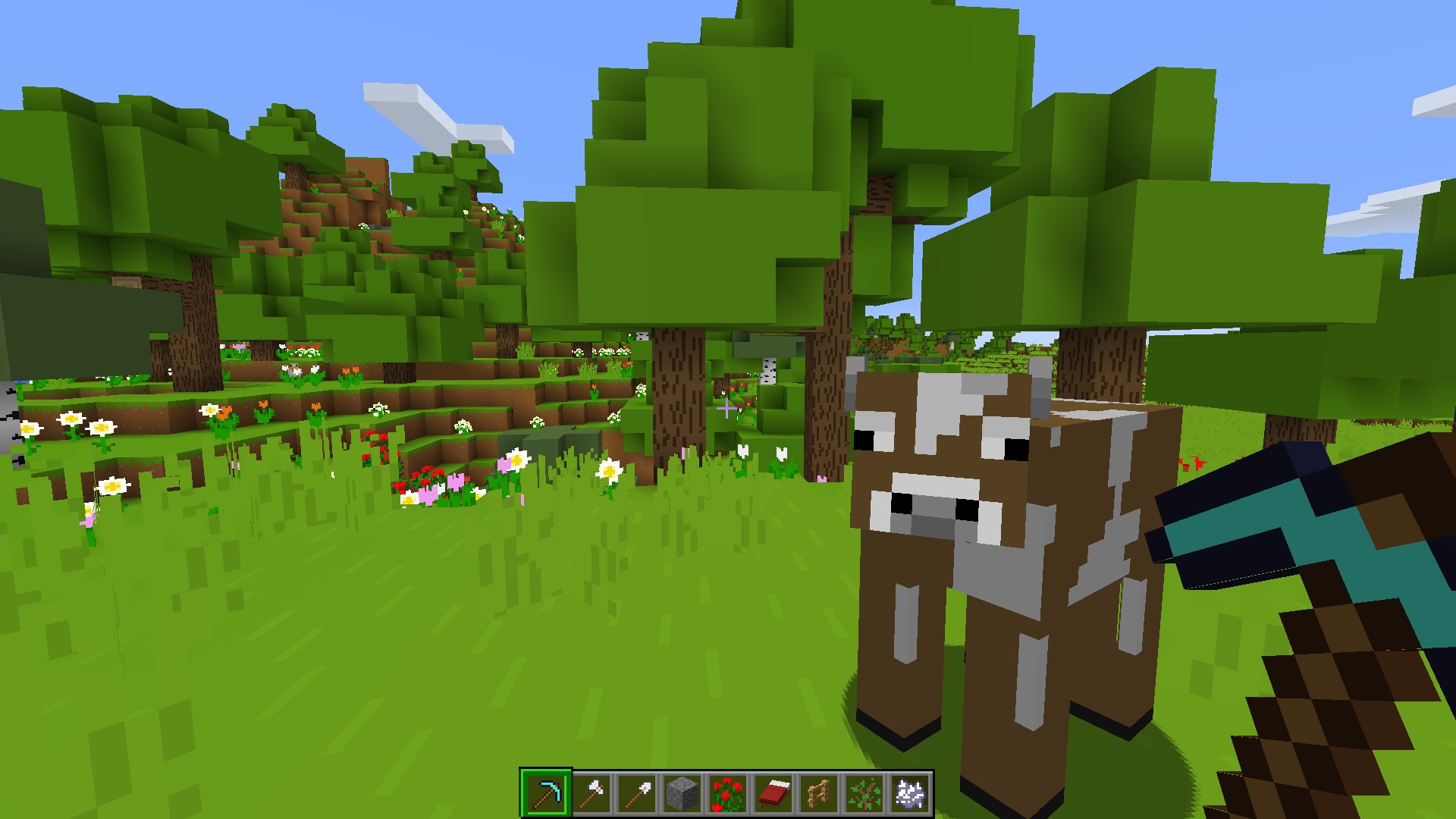 Minecraft texture pack - Bare Bones - A cow with simplified colors stands in front of trees with flat green leaf block textures