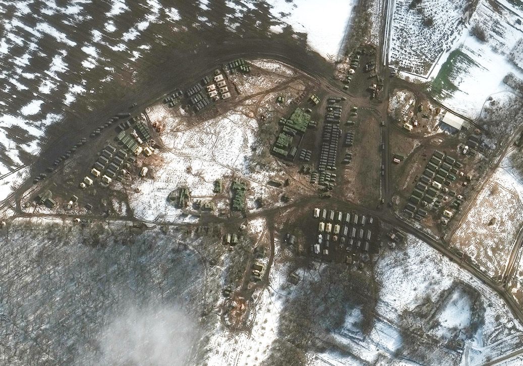 This image, snapped on Feb. 21, 2022, by Maxar&rsquo;s Worldview-3 satellite, shows new deployments of material support and troops at Krasnyi Oktyabr in Russia, southwest of Belgorod.