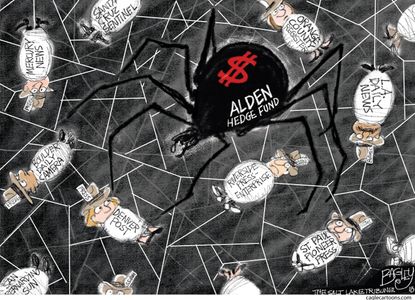 Editorial cartoon U.S. Alden Hedge fund spider local newspapers