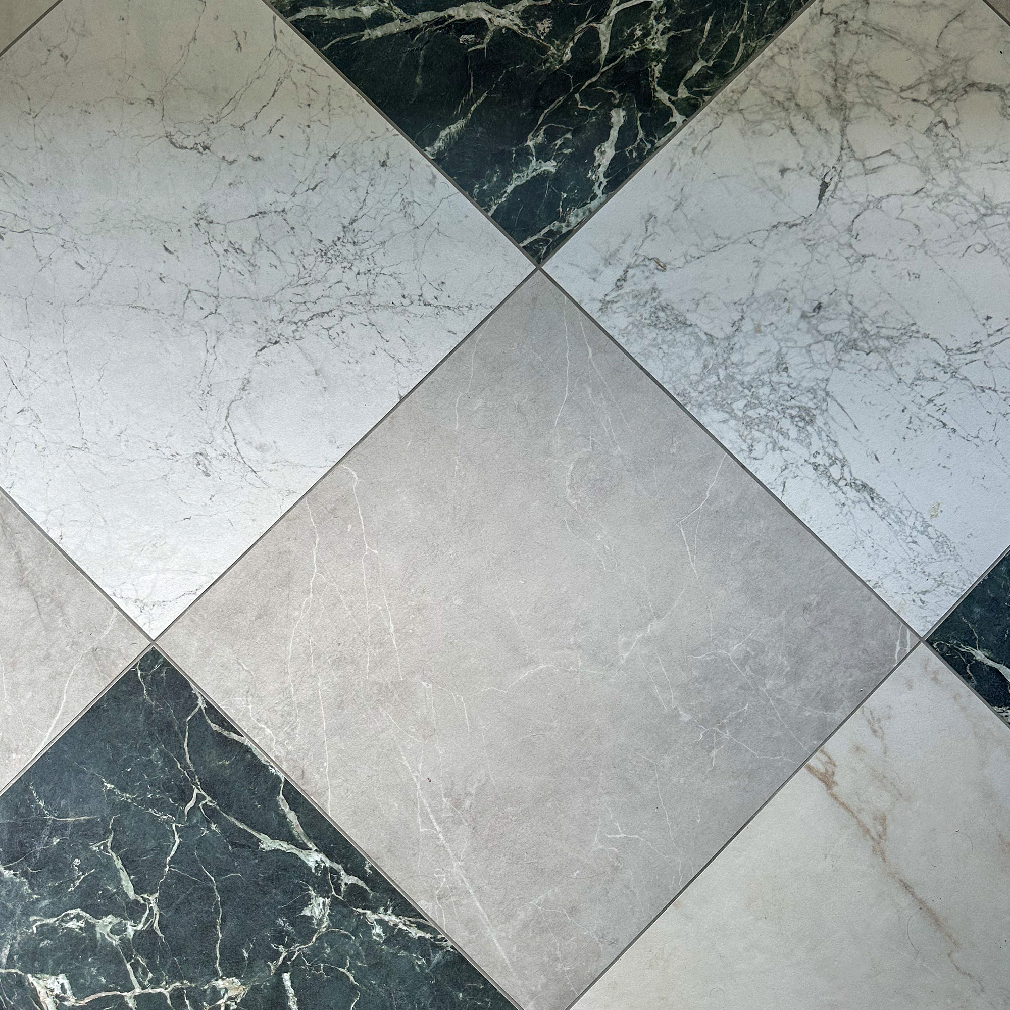 Chequered tiled bathroom floor