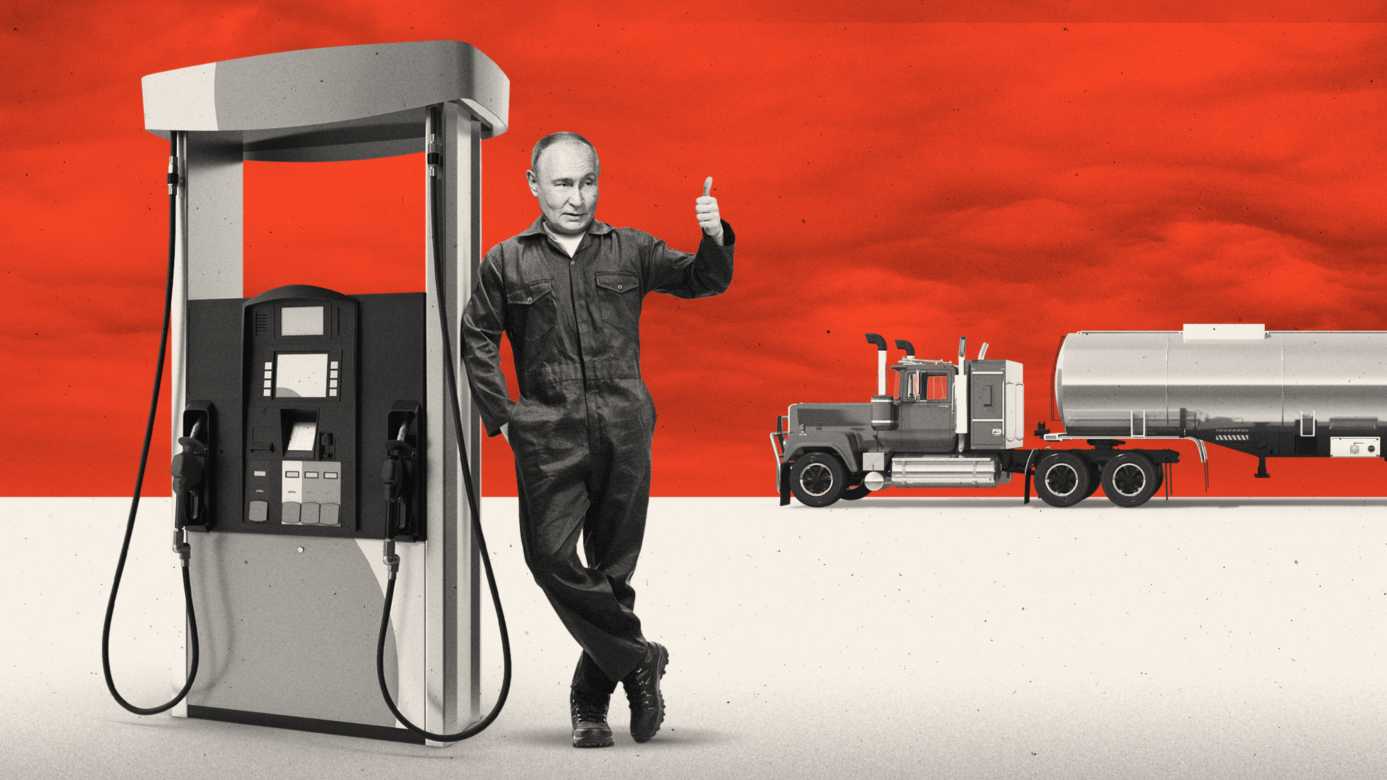 Photo collage illustration of Vladimir Putin dressed as a gas station attendant standing by a fuel pump