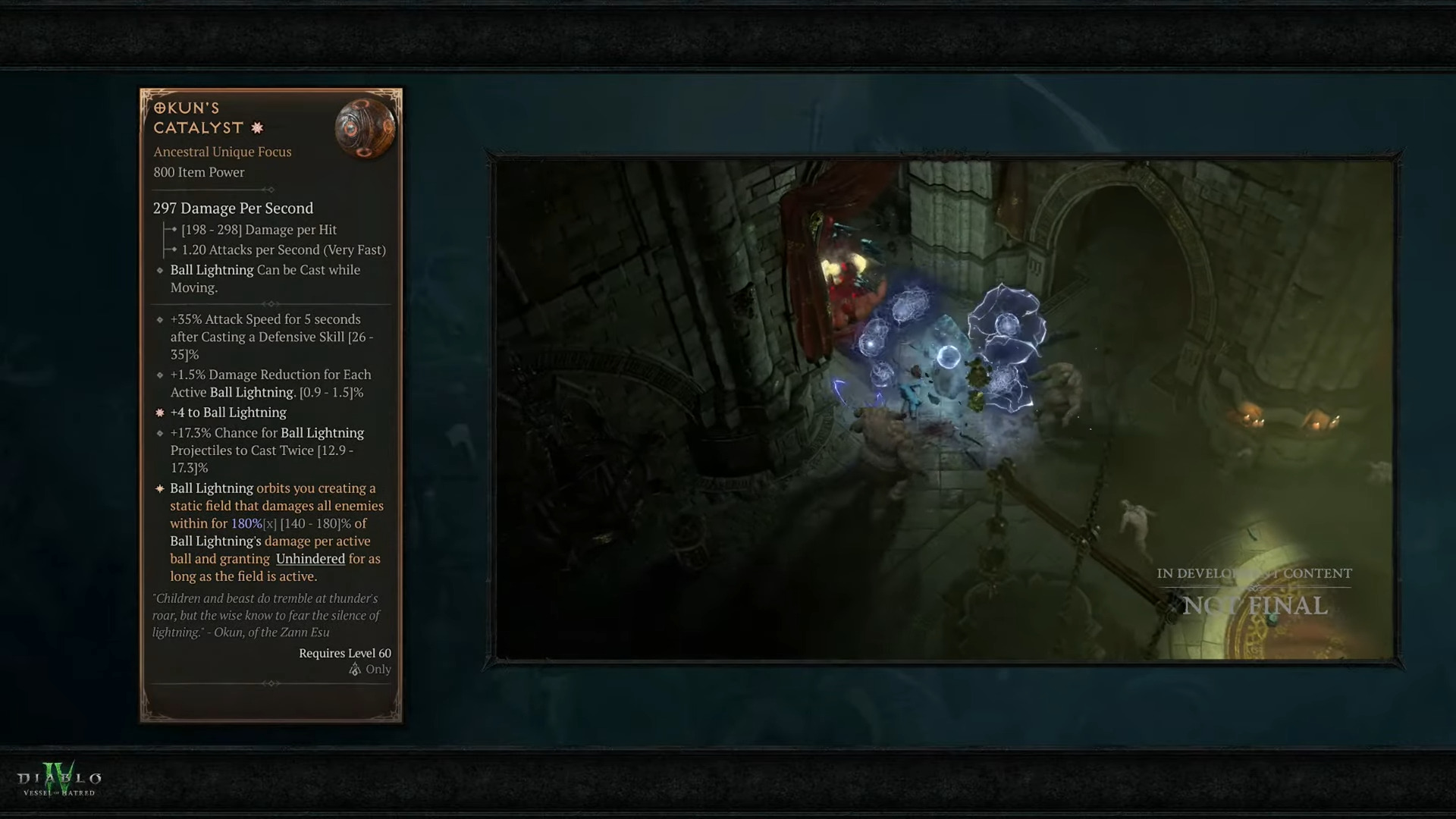 A slide from a Diablo 4 stream with a sorceress item and a still of a gameplay clip on the right