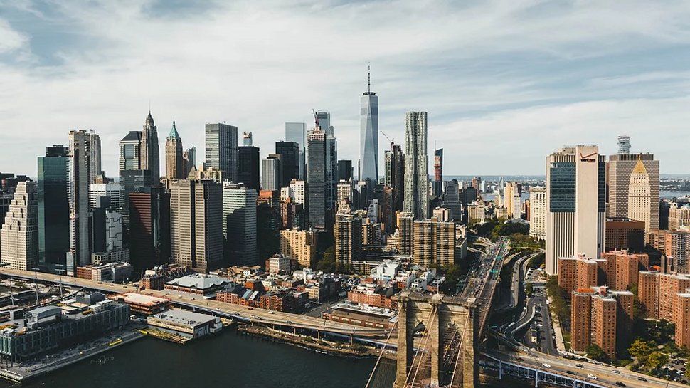 View over a city with skyscrapers.