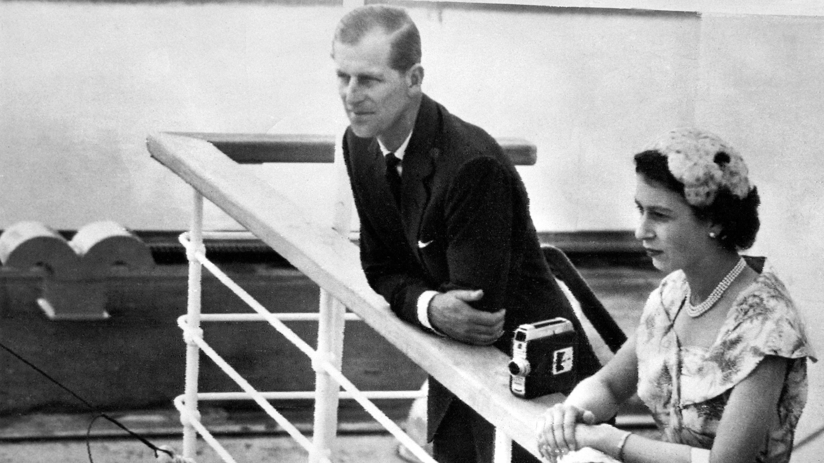 Queen Elizabeth II and Prince Philip on the bridge of the liner Gothic during the Royal Tour of the Commonwealth. 30th November 1953