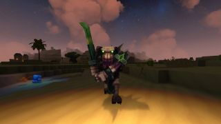 Hytale voidheart: A Void Spawn charging towards the camera with its sword raised, in a desert at night.