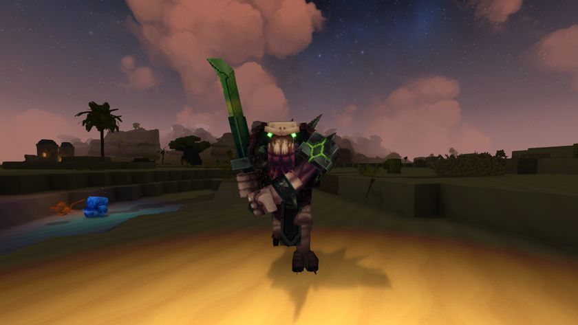 Hytale voidheart: A Void Spawn charging towards the camera with its sword raised, in a desert at night.