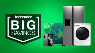 Samsung refrigerator, washing machine, Galaxy S22, and QLED TV on green background