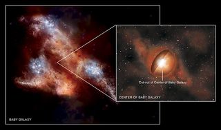 This artist's impression shows a very young galaxy located in the early Universe less than one billion years after the Big Bang. A cut-out from the core shows that this dust and gas is hiding very bright radiation from the very center of the galaxy, produced by a rapidly growing supermassive black hole.