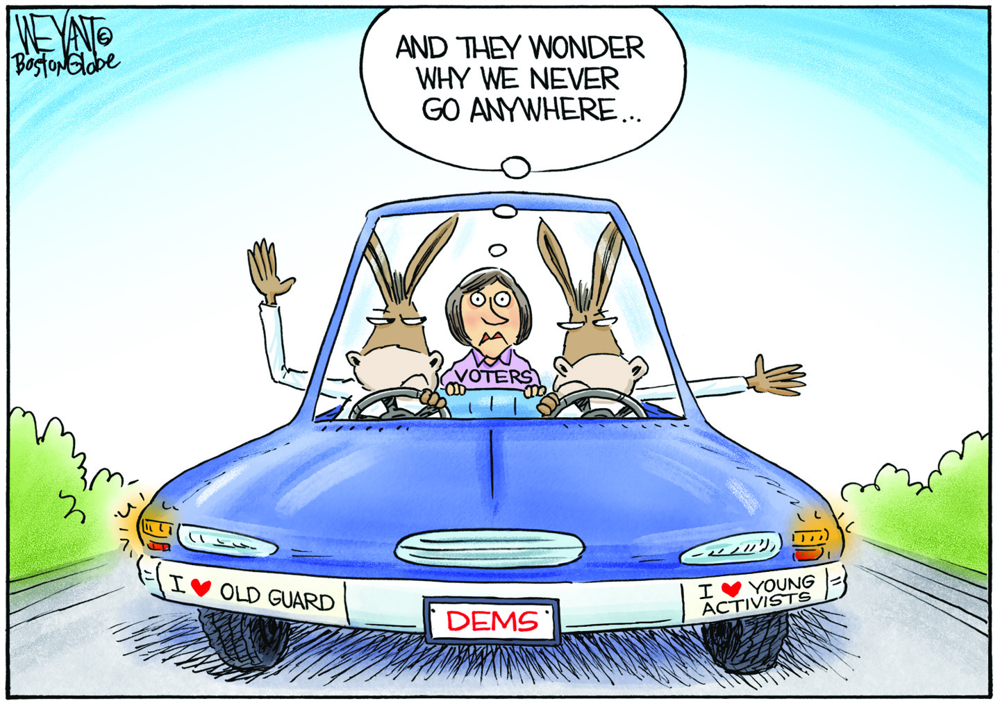 This political cartoon depicts a car labeled “DEMS” driven by two donkeys, each with a steering wheel. A woman labeled “Voters” sits in the back seat. A bumper sticker on one side of the car reads “I love old guard.” Another reads, “I love young activists.” One driver signals a left turn the other a right turn. The voter thinks to herself, “And they wonder why we never get anywhere.”