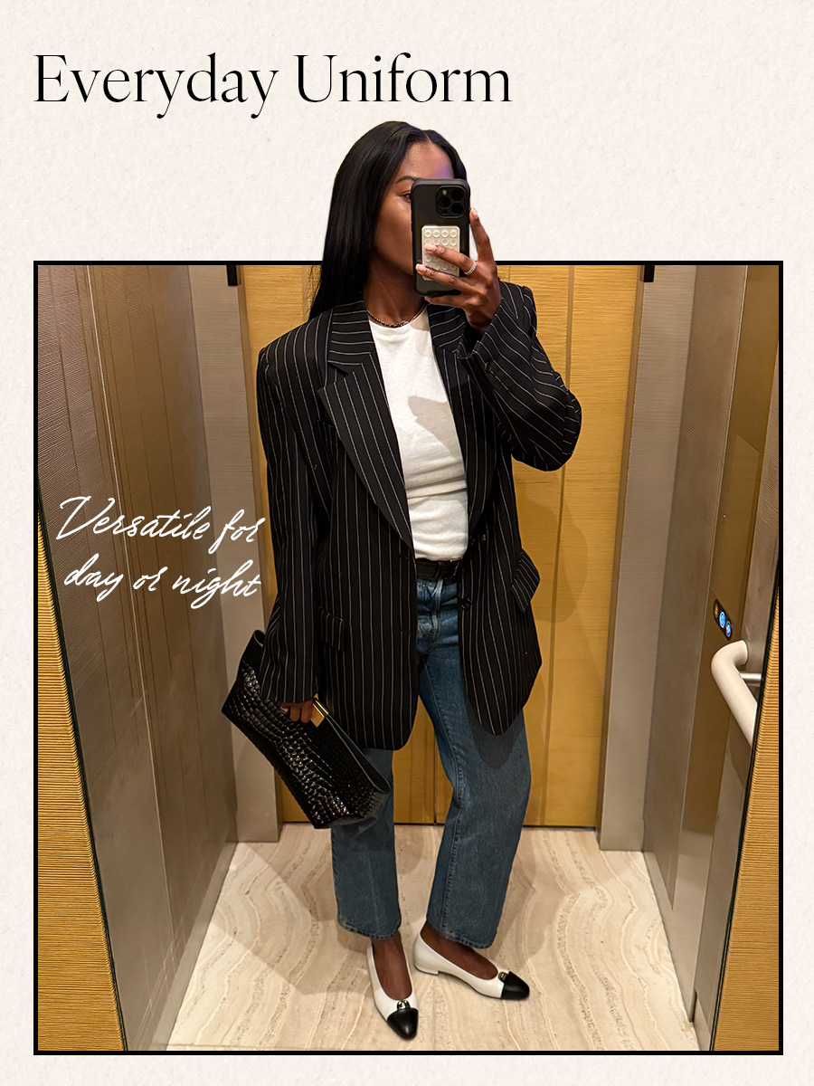 Marilyn NK in blazer, jeans, and black and white pumps