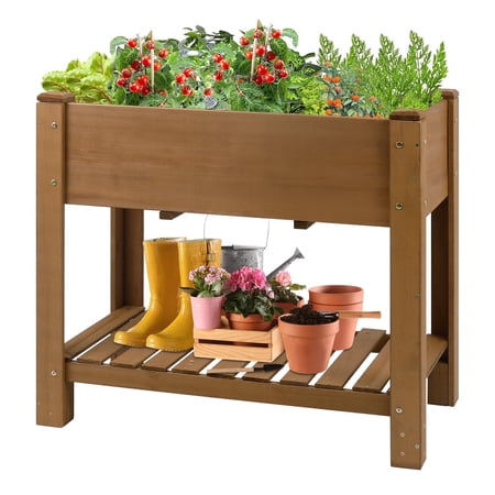 33" Elevated Planter Box With Storage Shelf, Solid Wood Raised Garden Bed With Reinforced Brackets, Liner &amp;amp; Drainage Holes for Vegetables &amp;amp; Herbs, Easy Assembly