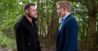 Robert Sugden prepares to propose to Aaron Dingle he's stopped in his tracks by Lachlan White who is suspicious of his relationship with Rebecca and threatens he will pretend he sexually abused him. Furious Aaron overhears and bundles Lachlan in his boot in Emmerdale.