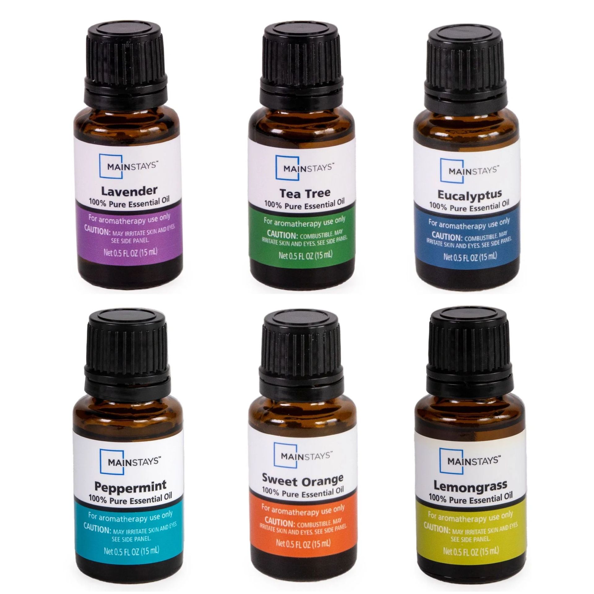 A set of six small brown bottles of essential oils with colorful labels and brown screw-top lids