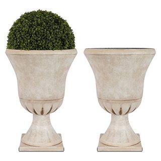 Worth Garden Plastic Urn Planters for Outdoor Plants, Tree 22'' Tall 2 Pack Round Classic Resin Flower Pots Indoor Beige Traditional Front Porch 15 in Dia. Large Imitation Stone Decorative Patio Deck