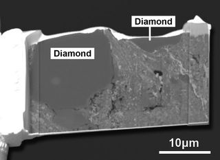 A secondary electron image revealing diamond crystals inside a fragment of a meteorite that fell in Sutter's Mill, California.