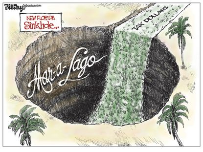 Political Cartoon U.S. Mar-a-lago Florida tax dollars sinkhole