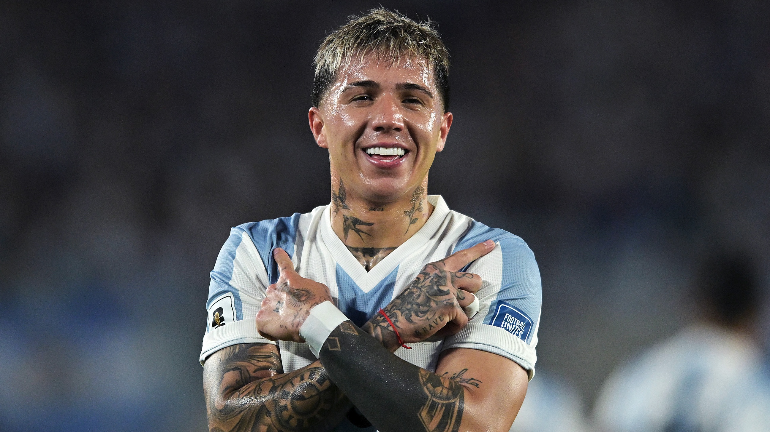 Enzo Fernandez celebrates scoring against Brazil for Argentina in FIFA 2026 World Cup Qualifier.