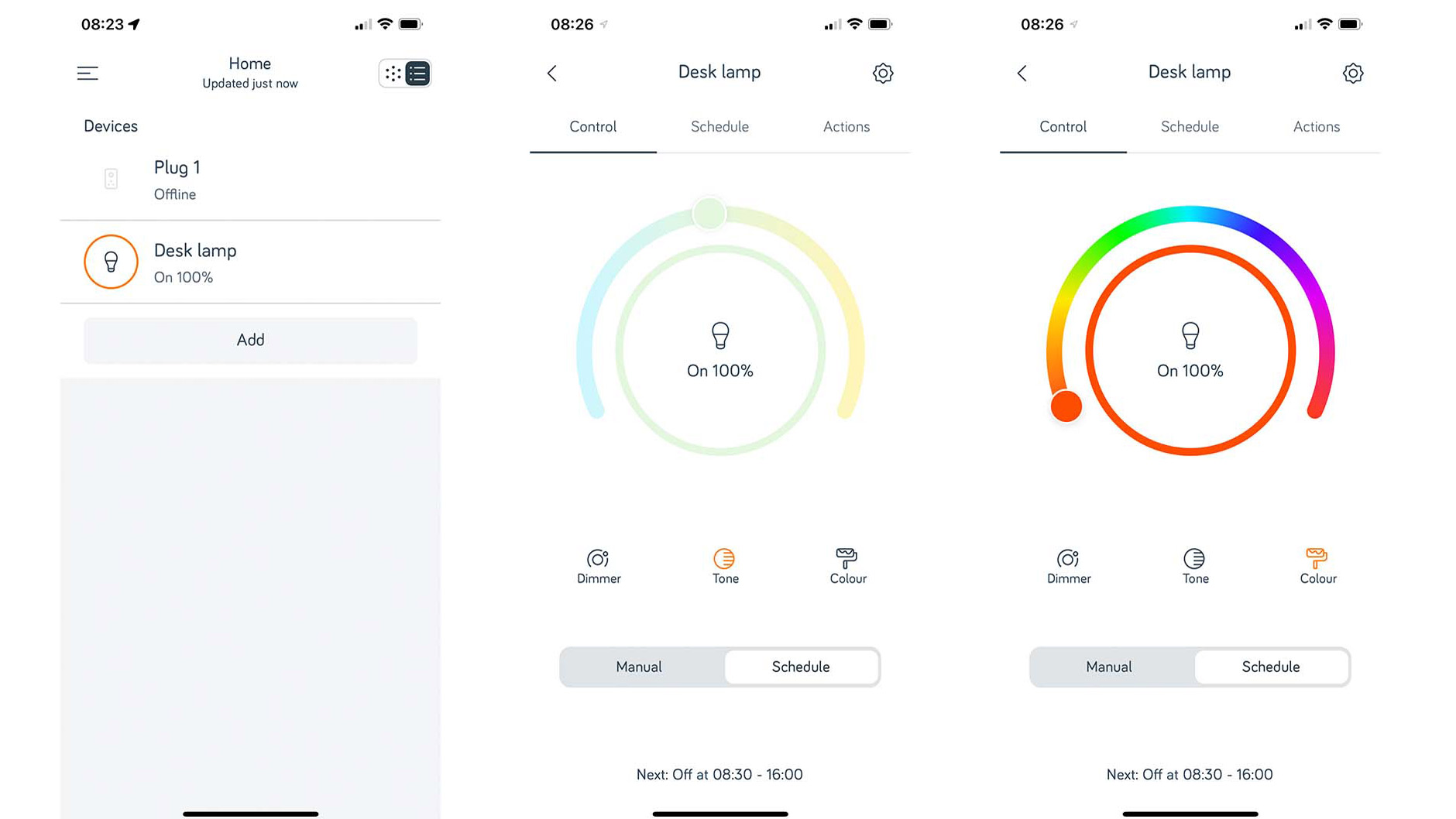 Screengrabs for the app used to control the Hive Smart Light Bulb