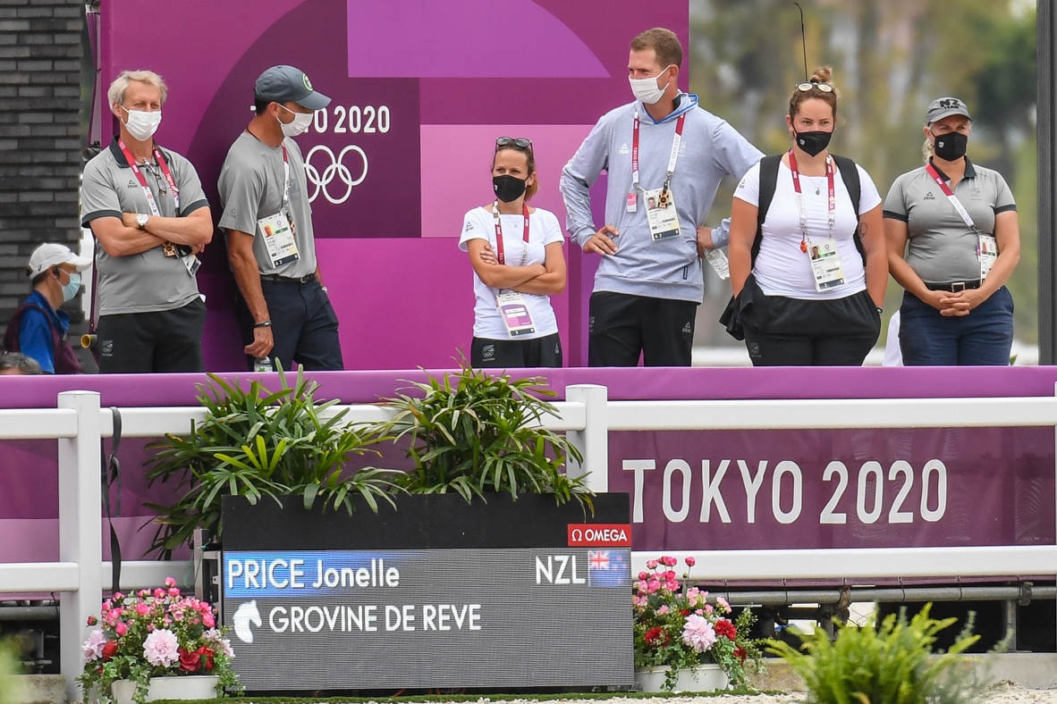 Tokyo Olympic eventing team pathfinder Jonelle Price&amp;rsquo;s support team watch her test