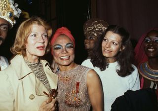 Rita Hayworth (left) and her daughter, Princess Yasmin Aga Khan (right), visit Eartha Kitt at the Mark Hellinger Theater in New York, following Kitt's performance in the musical 'Timbuktu', June 7th 1978.