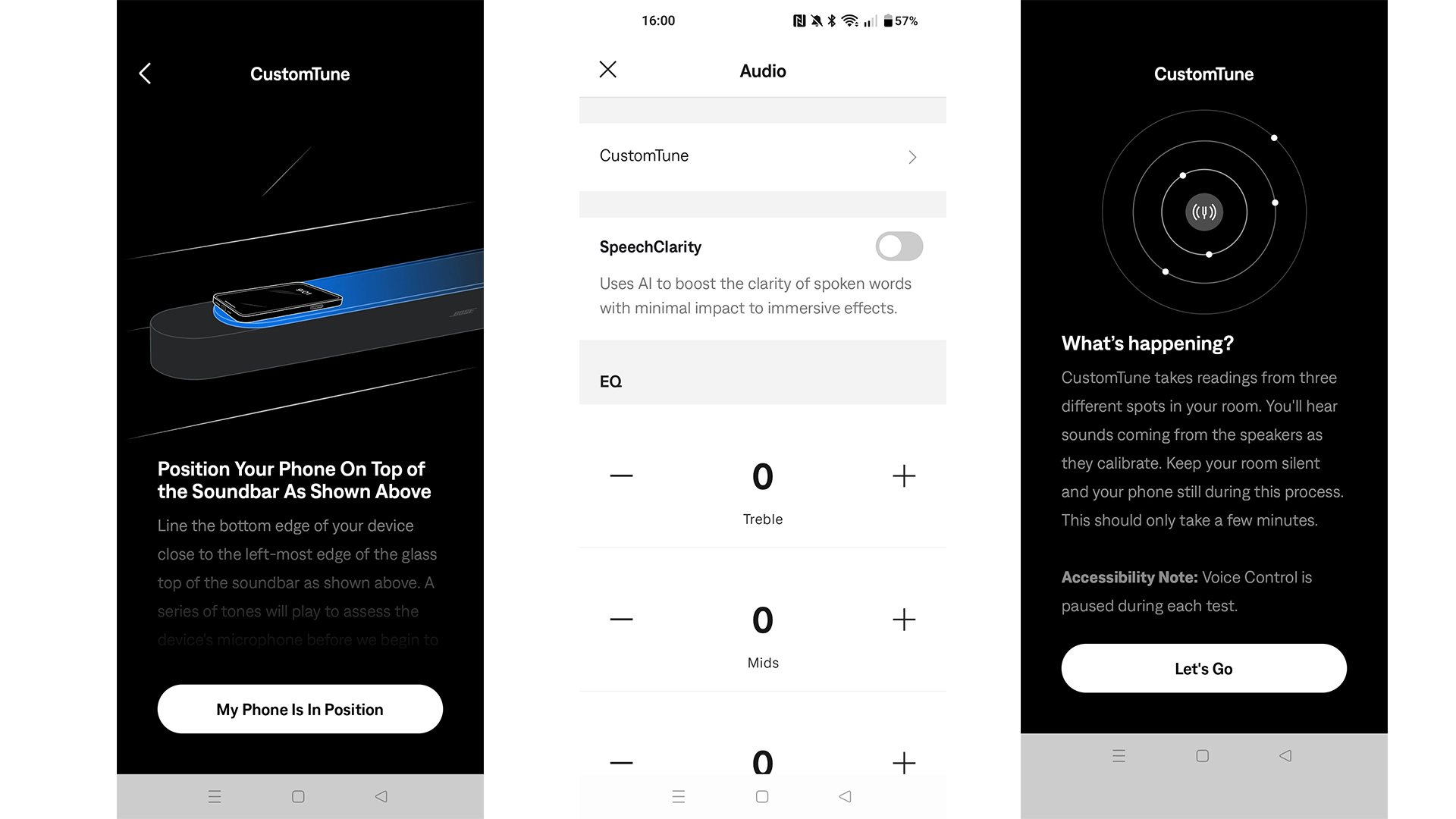 Bose Lifestyle Ultra Soundbar soundbar app on three smartphone screens