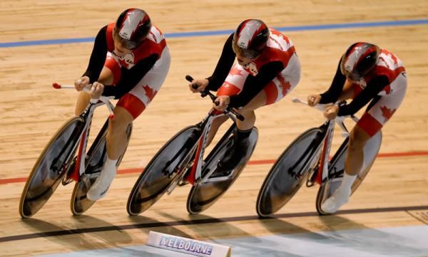 Canada during the team pursuit bronze medal ride.