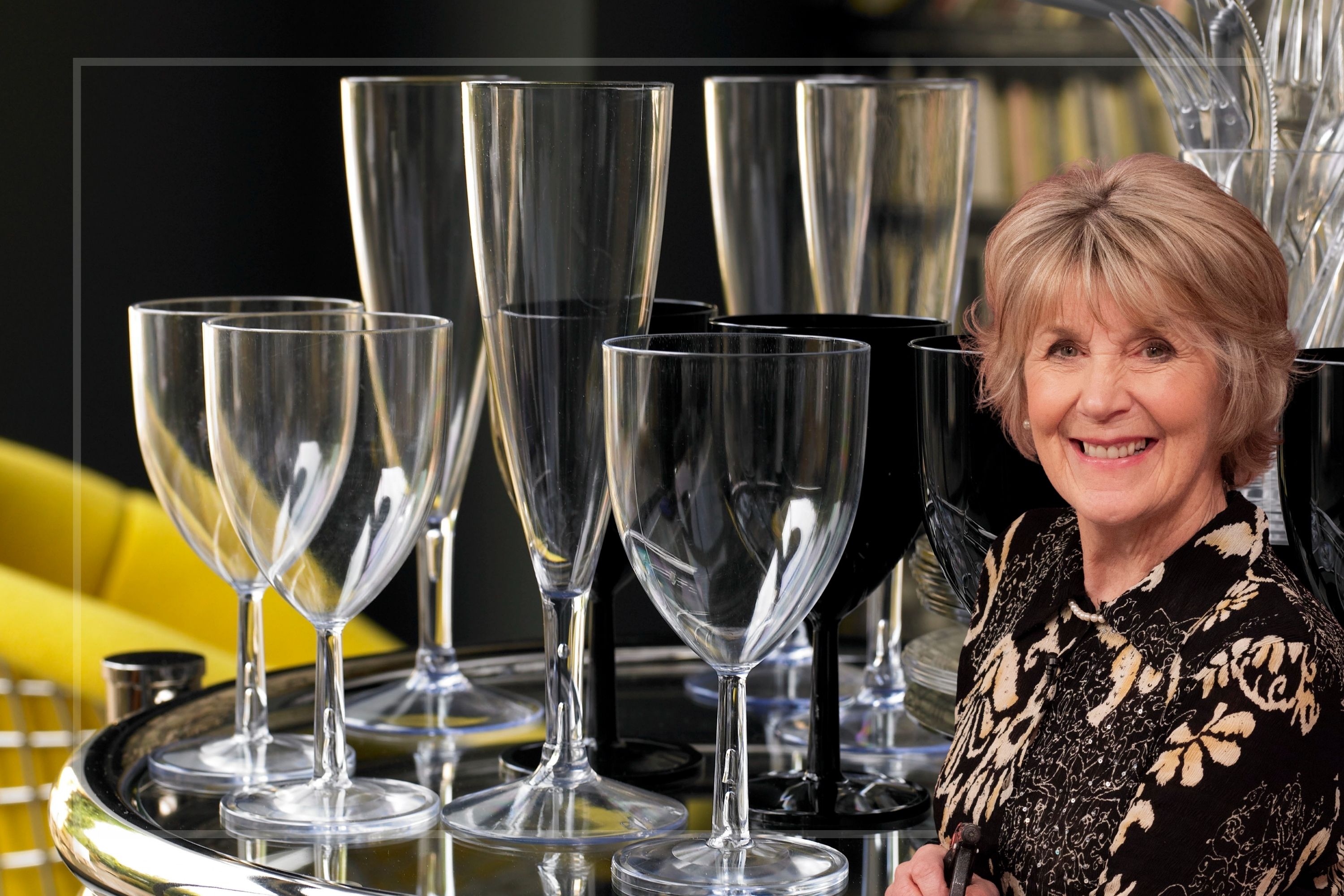A comp image showing wine glasses and champagne flutes with a cut out of Nancy Birtwhistle on the bottom right