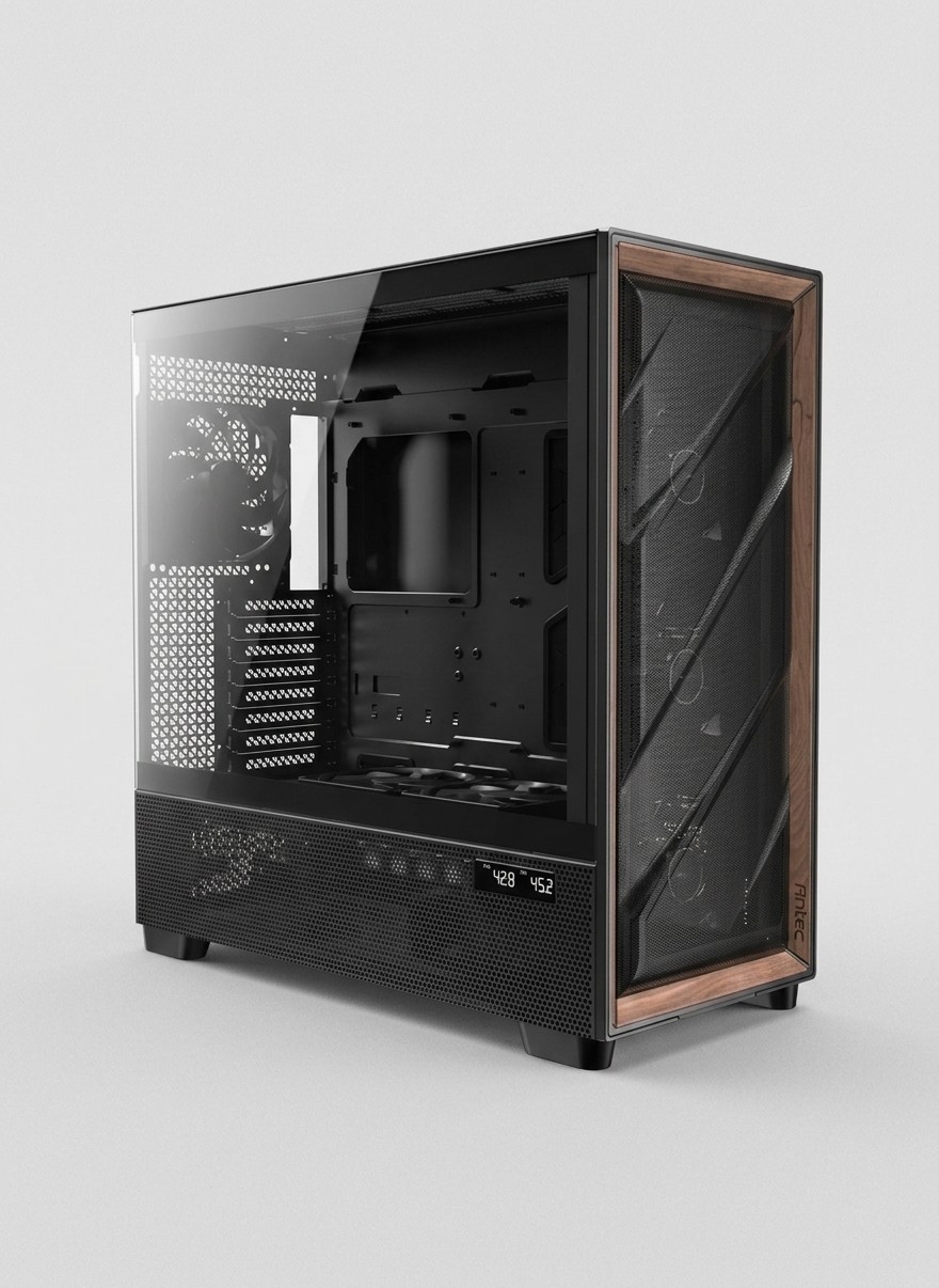 An Antec Flux Pro PC case on a grey background