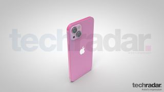 Un'immagine artistica dell'iPhone 13 in rosa dalla parte superiore del telefono