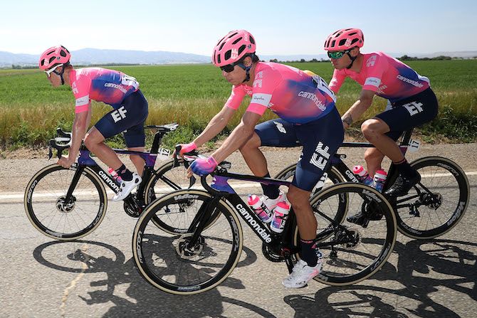 Lawson Craddock leads his EF Education First team leaders, Rigoberto Uran and Tejay van Garderen, through the first stage of the 2019 Tour of California