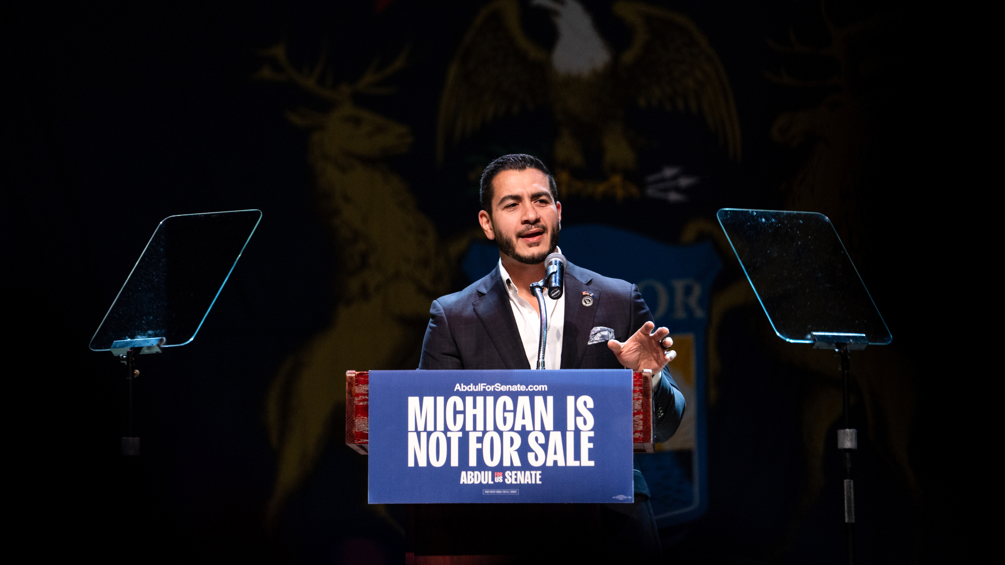 Abdul El-Sayed, Democratic Senate candidate from Michigan, speaks during a primary election night watch party in Detroit