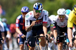 GUMERACHA AUSTRALIA JANUARY 21 Sam Welsford of Australia and Team Red Bull BORA hansgrohe celebrates at finish line as stage winner during the 25th Santos Tour Down Under 2025 Stage 1 a 1507km stage from Prospect to Gumeracha 342m UCIWT on January 21 2025 in Gumeracha Australia Photo by Dario BelingheriGetty Images