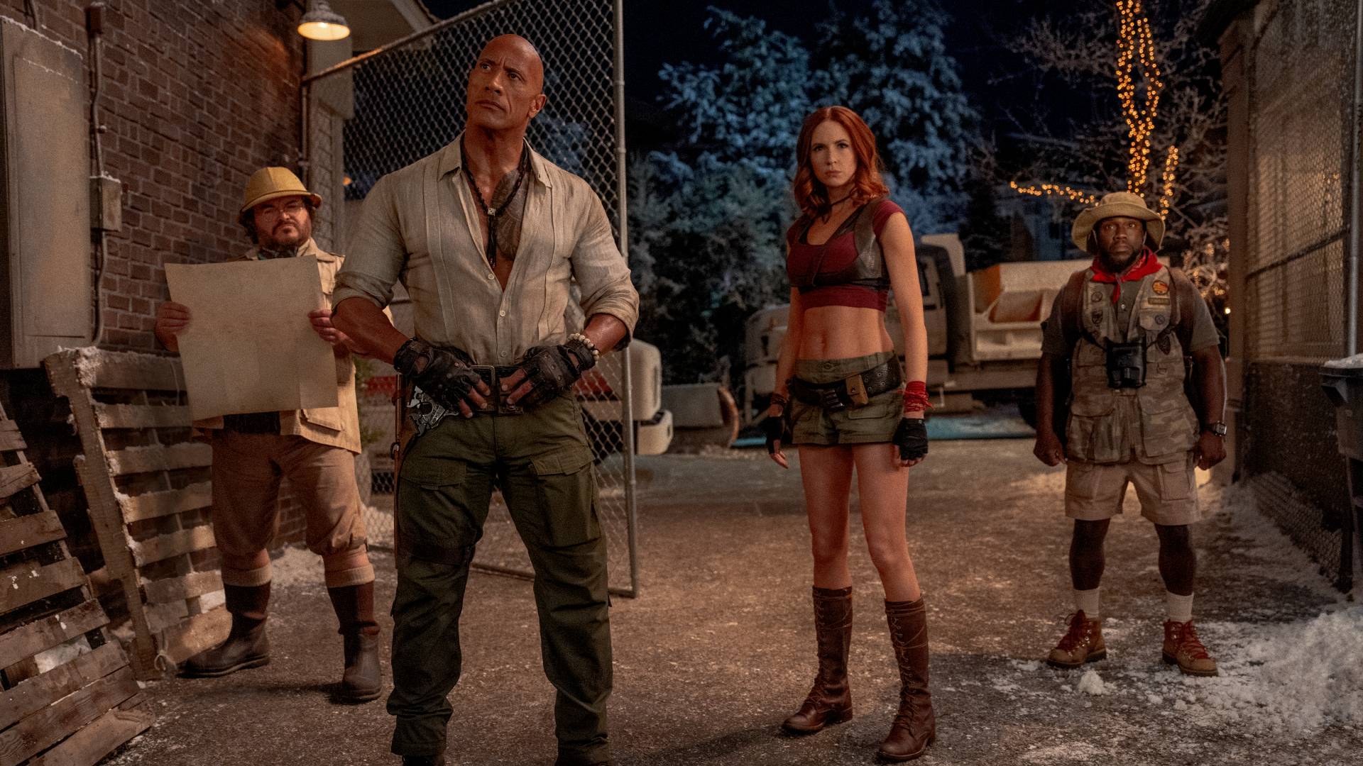 Jack Black as Professor Sheldon, Dwayne Johnson as Dr. Alexander 'Smolder' Bravestone, Karen Gillan as Ruby Roundhouse, and Kevin Hart as Mouse in Jumanji: Open World