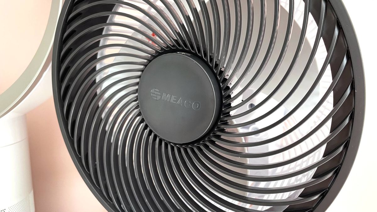 The MeacoFan remote control is in place on the front of the air circulator.
