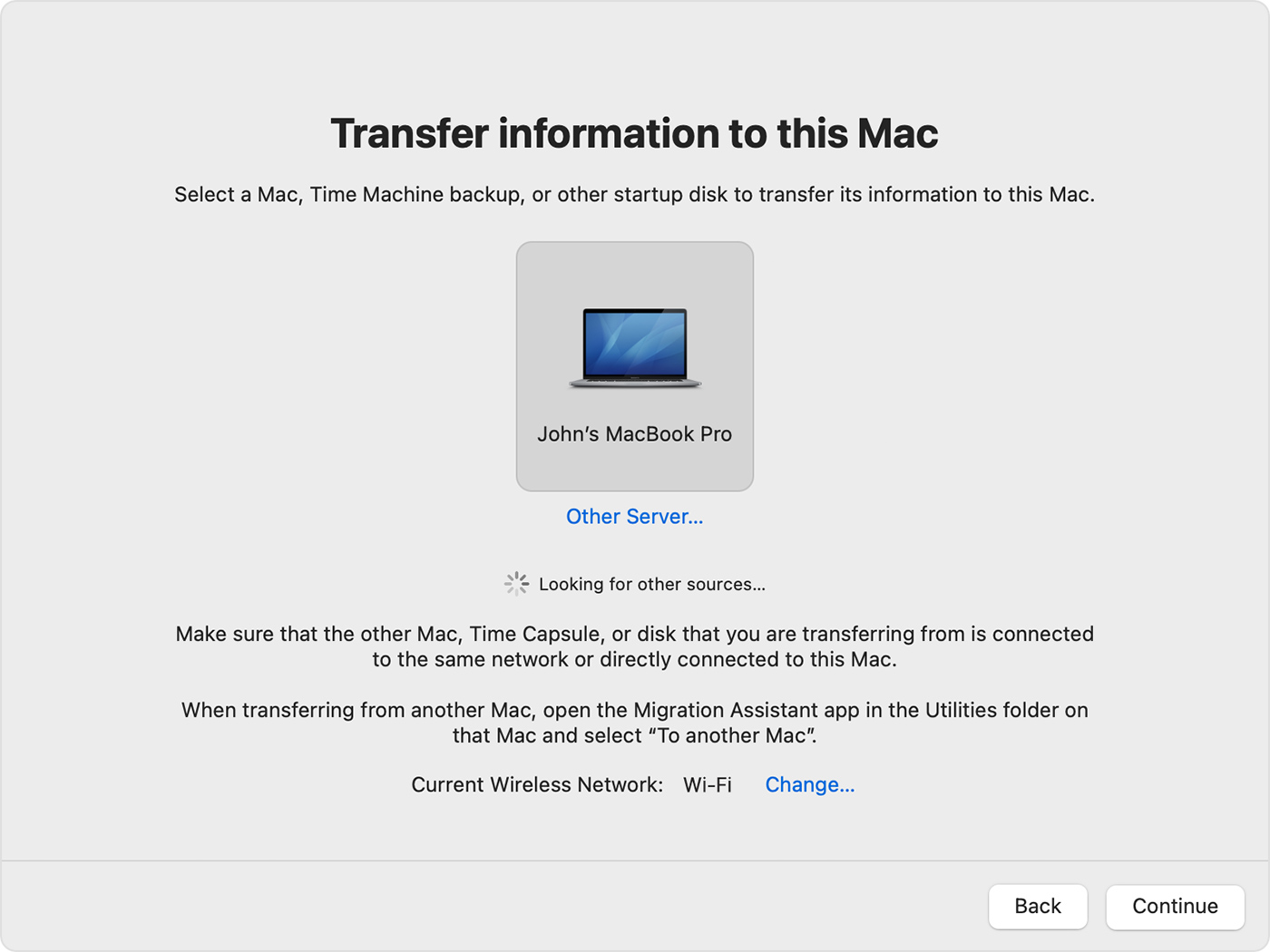 Now, on your new Mac, select the other Mac option, then click Continue.