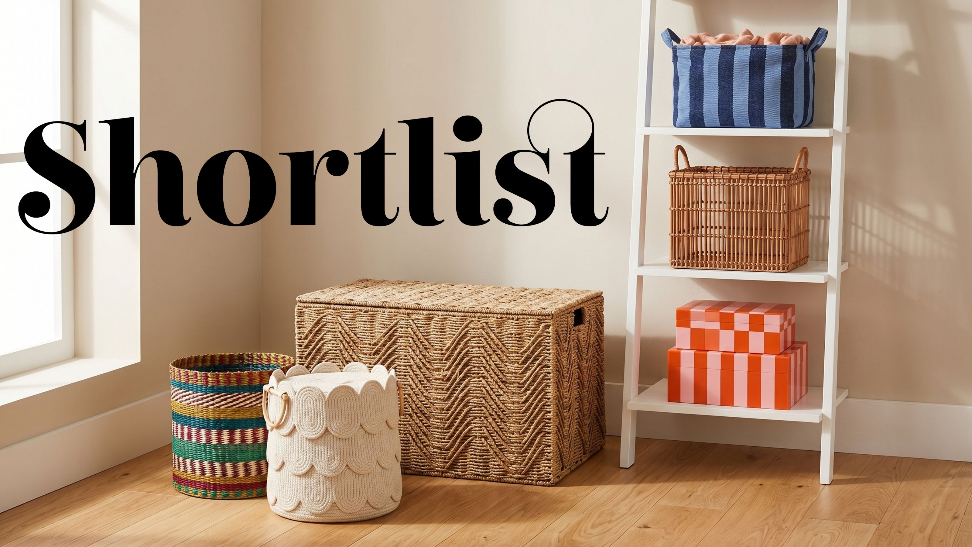 Beige painted room with wooden flooring and a white shelving unit with different storage baskets on them