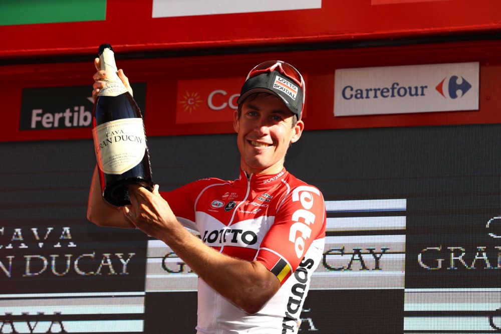 Jelle Wallays (Lotto Soudal) celebrates his stage win with some Cava