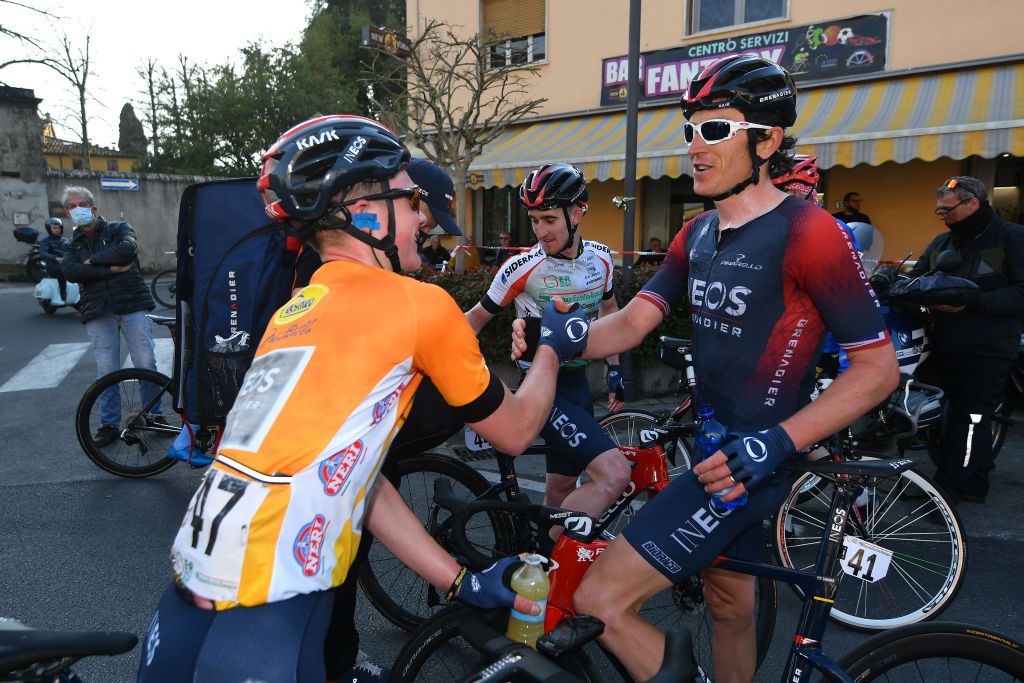 CANTAGRILLO ITALY MARCH 26 Ben Tulett of United Kingdom and Team INEOS Grenadiers Yellow Best Young Rider and Geraint Thomas of United Kingdom and Team INEOS Grenadiers celebrate at finish line during the 36th Settimana Internazionale Coppi e Bartali 2022 Stage 5 a 160km stage from Casalguidi to Cantagrillo CoppieBartali on March 26 2022 in Cantagrillo Italy Photo by Dario BelingheriGetty Images