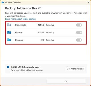 OneDrive initial setup folder backup
