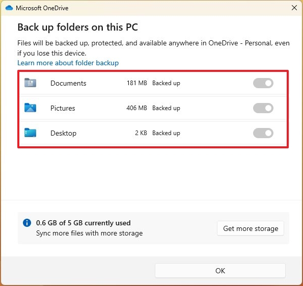 OneDrive initial setup folder backup